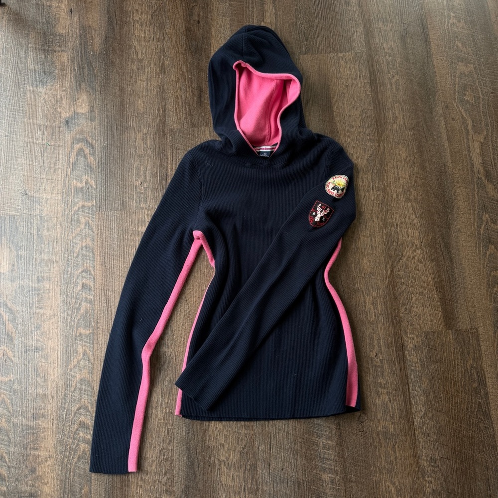 Vintage Ralph Lauren Polo Jeans Co Rib Knit Hoodie Black Pink Y2K Womens M